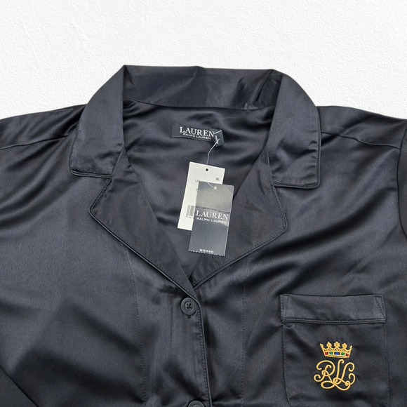 Lauren Ralph Lauren Black Embroidered Crest Satin Pajama PJ Set Size 2X NWT - Picture 4 of 16